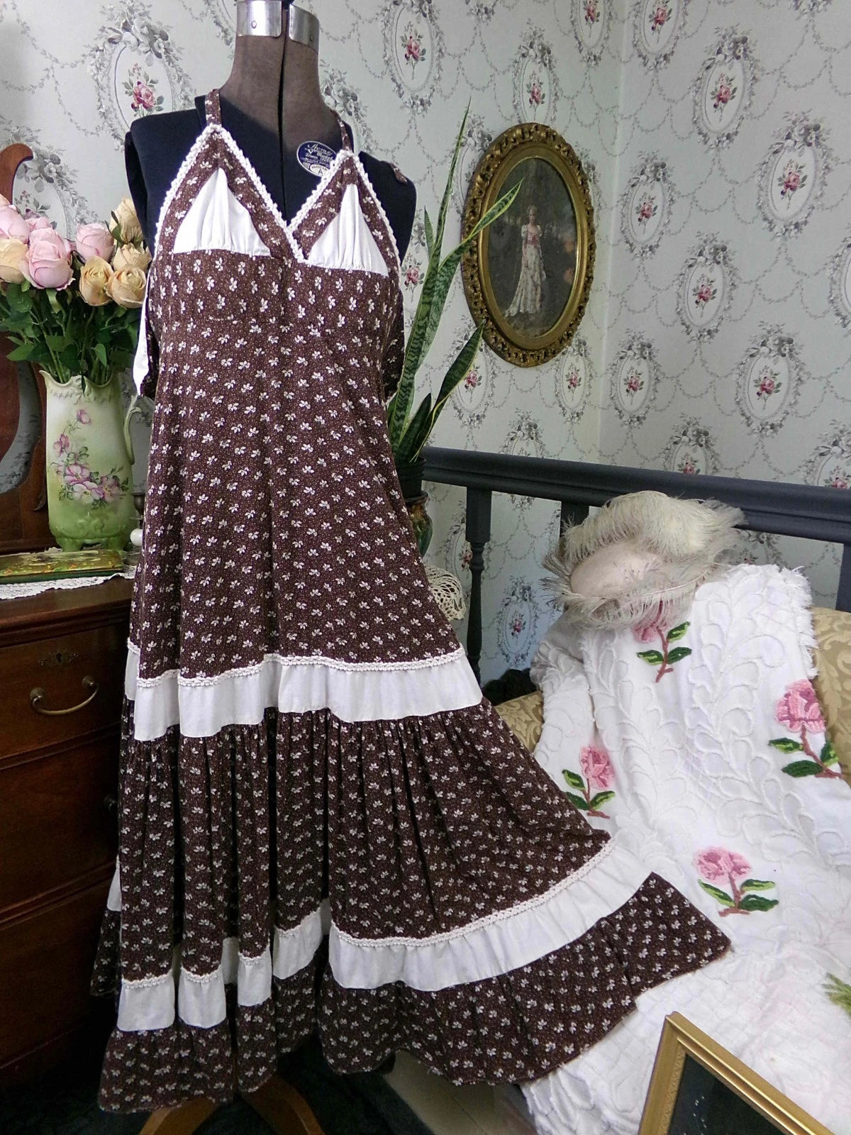 Vtg Gunne Sax Halter Dress Rare Brown Oak Acorn Print Boho Prairie Sundress