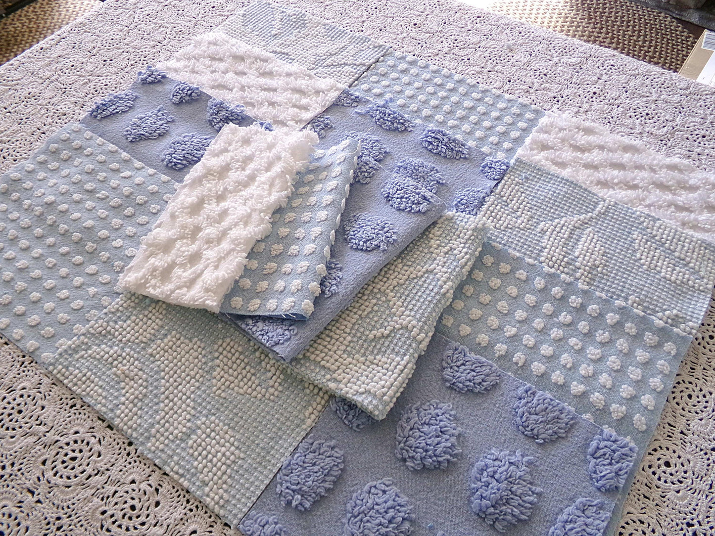 Cool Blues Chenille Fabric Squares for Quilting & Crafts in Vintage Blue, White - 16 Rotary Cut Blocks, 6" x 6" inch