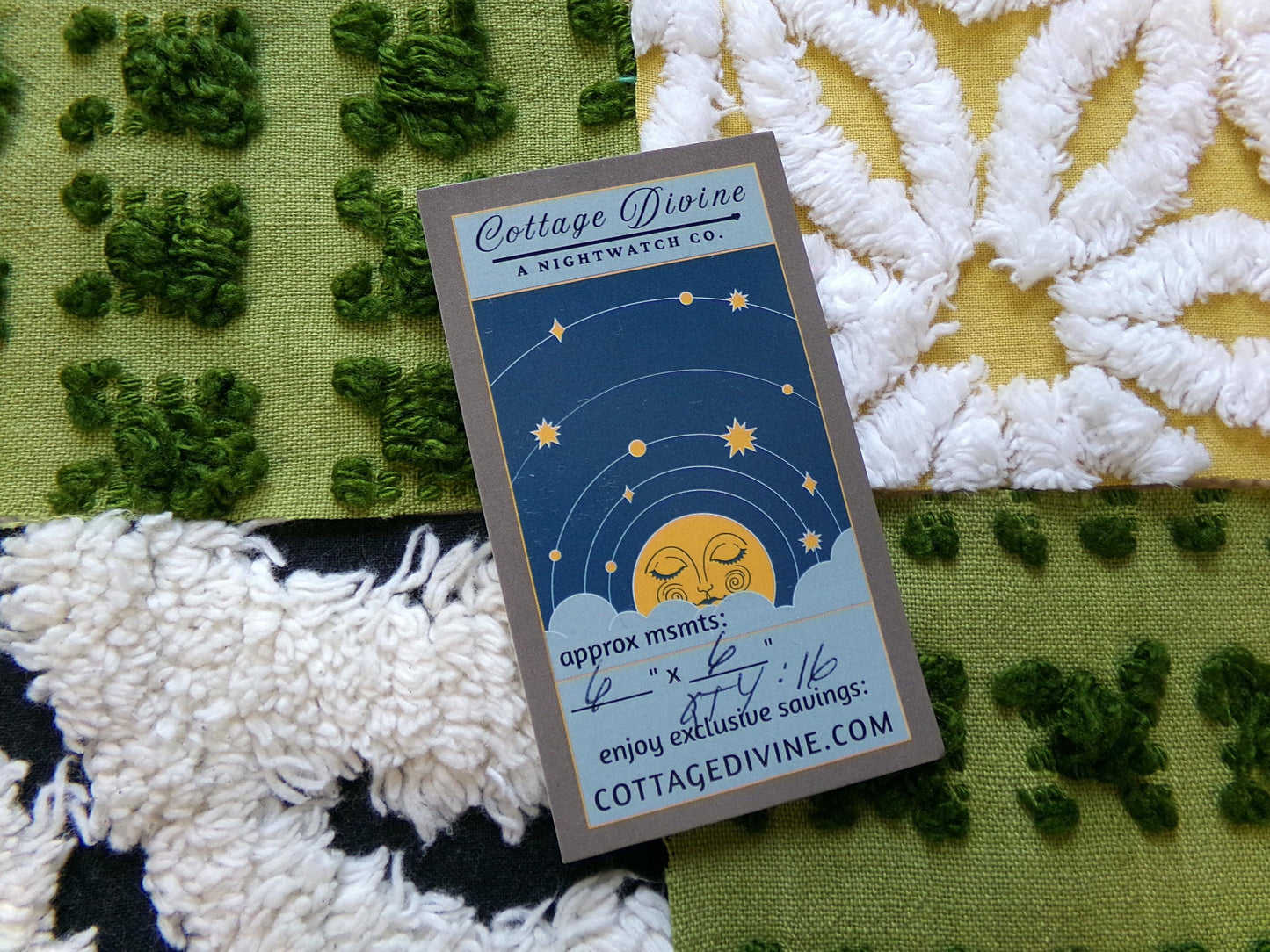 bewitching vintage chenille fabric squares, set of 16 black, green & gold 6" quilt blocks for crafts, sewing, diy pillow covers