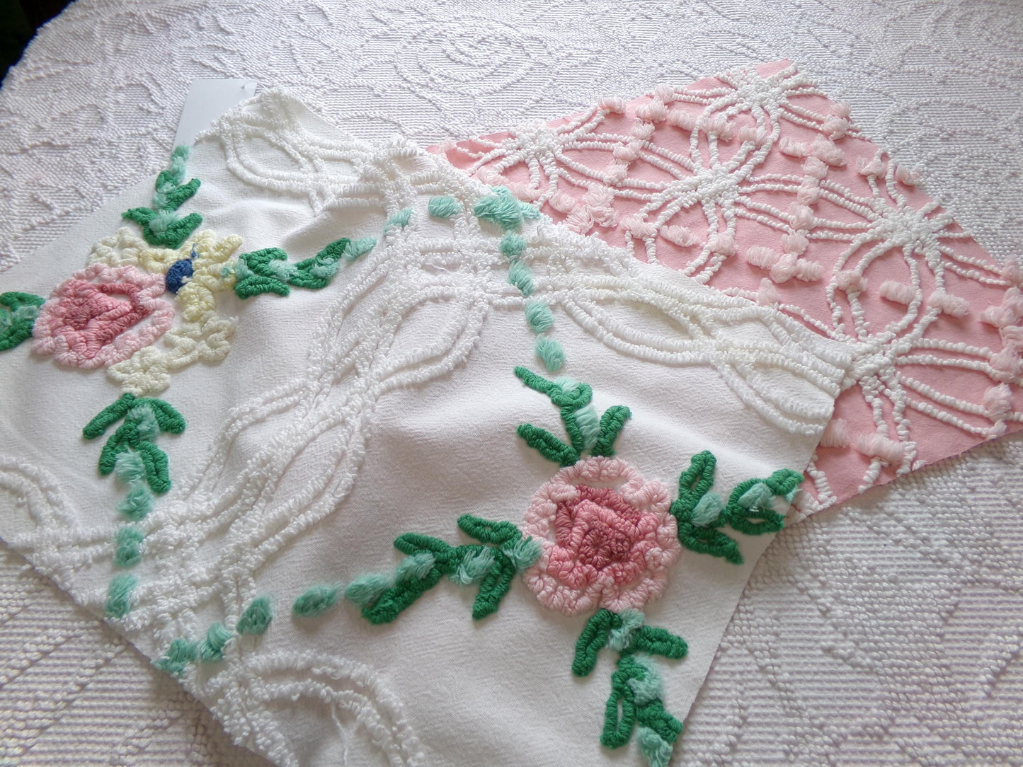 Cottage Style Vintage Chenille Fabric Bundle for Sewing, Quilting in Pink Floral, White & Green | 2 Pieces 12" x 18" each