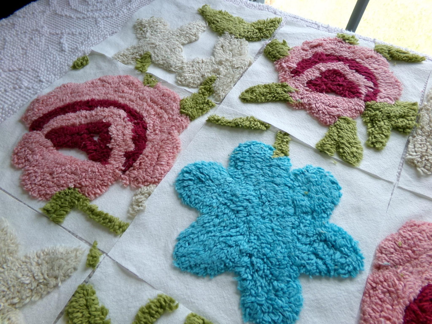 flower petals chenille fabric squares, set of 17 vintage style floral 6" craft blocks, pretty designs for quilt inlays, pillows, fiber arts