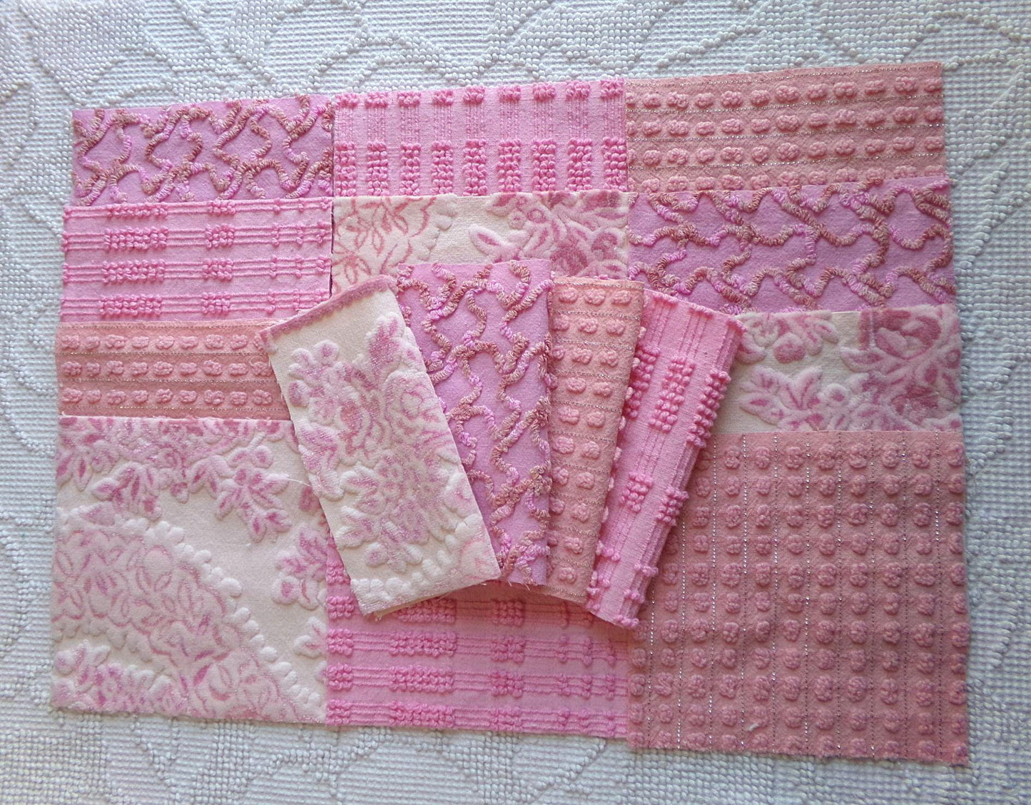 lux pink velvet & chenille fabric squares, set of 16 texturized vintage craft quilt blocks 6" inches for quilt inlays, pillows, fiber arts