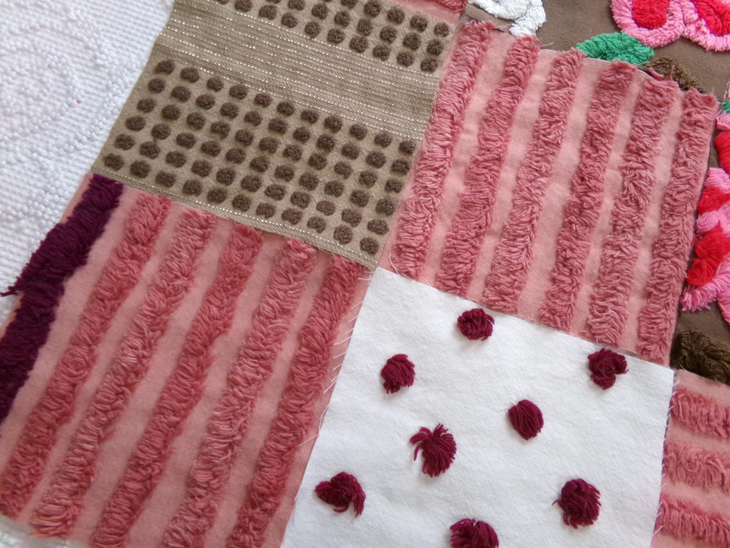 chocolate cake vintage chenille fabric squares, set of 16 yummy 6" craft blocks in brown & mauve pink for quilt inlays, pillows, fiber arts