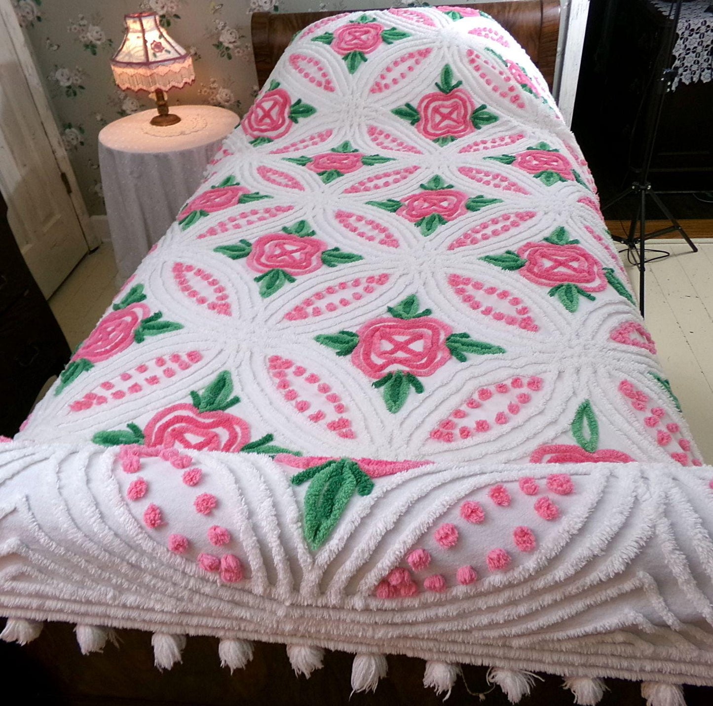 princess pink rose vintage chenille bedspread, cabbage roses on white with pom pom trim, 100% cotton full size cottage bedding