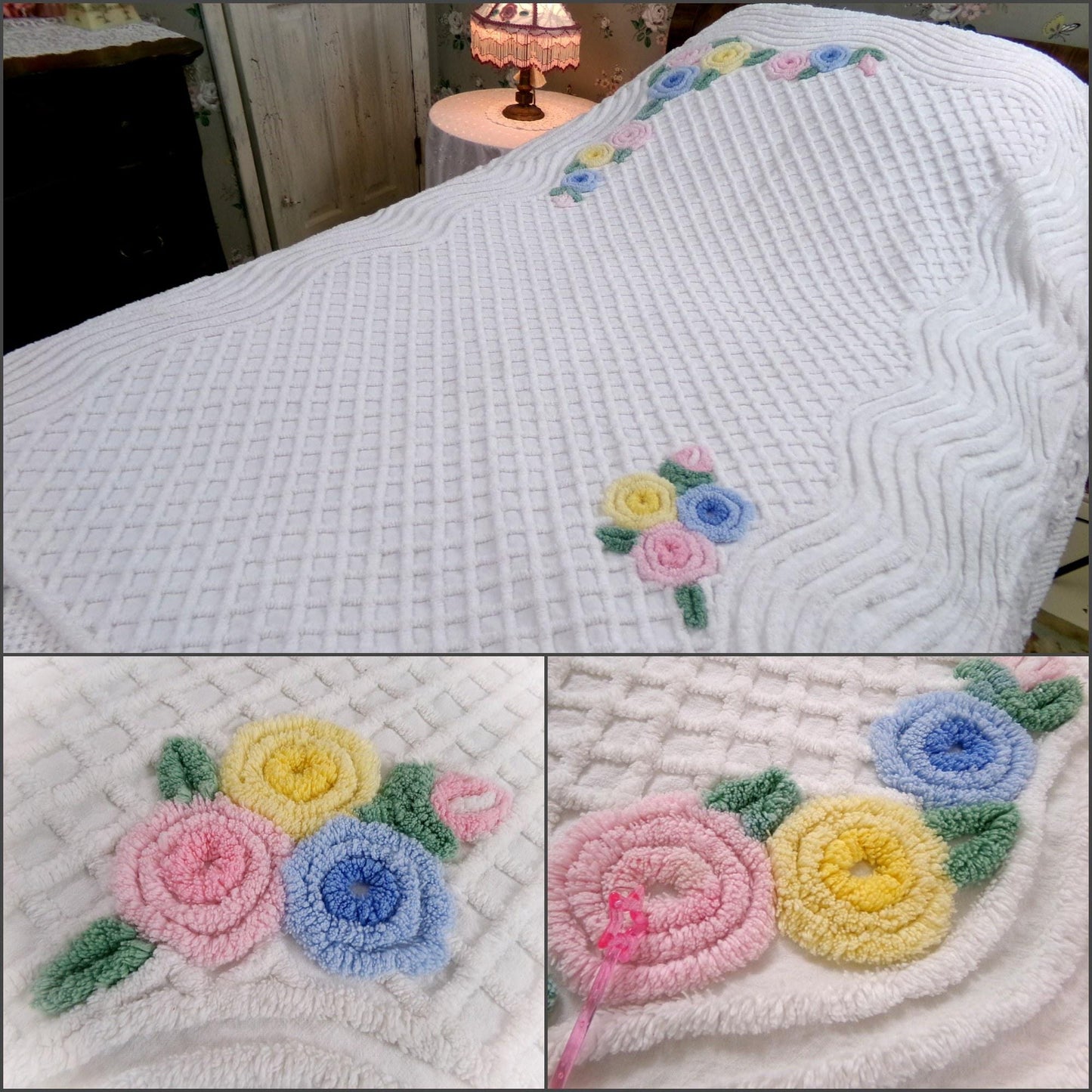 cozy vintage chenille lap blanket in simple cottage florals on white cotton, great porch throw, layering piece, small coverlet, 40"W x 57"L