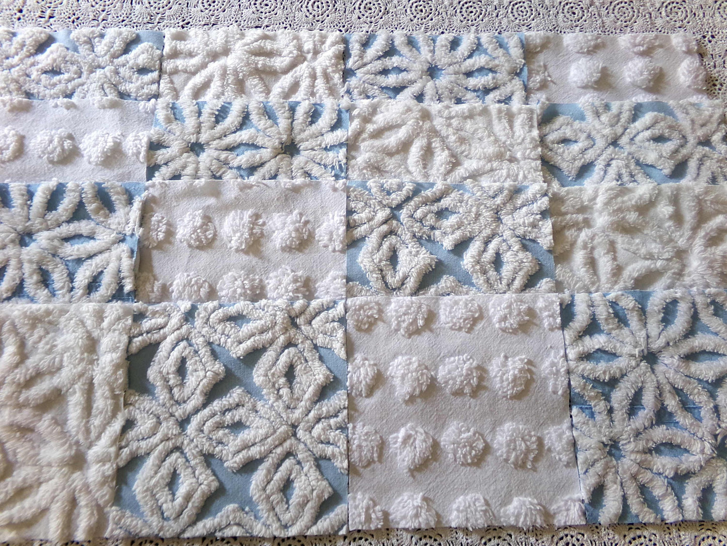 Breezy Blue & White Chenille Fabric Squares Set, 16 Vintage Quilt Blocks, 6" x 6" inches each, for Quilting, Sewing, DIY Pillows