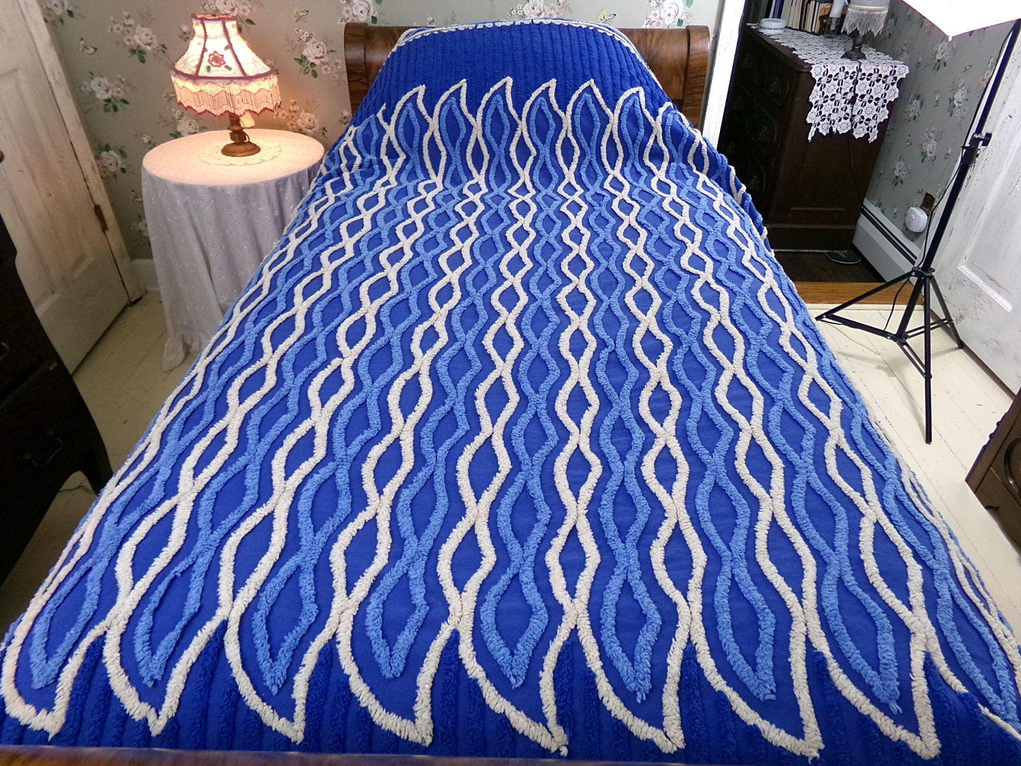blue flame vintage chenille bedspread, dramatic unique geometric design, full size cotton bedding