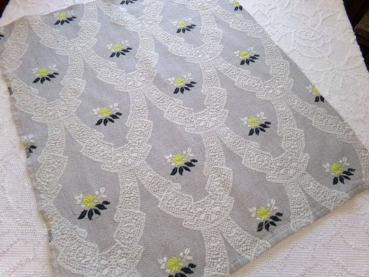 starlight silver swag vintage woven fabric piece, white lace designs, cool grey, chartreuse rose florals, reversible Bates design, 22" x 27"