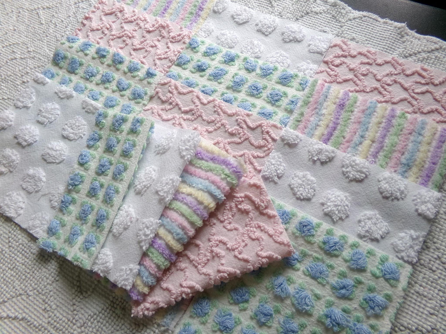 fairy fantasy chenille fabric squares, 16 vintage 6" quilt blocks in pastel rainbow, pink & blue rosebud, for sewing, crafts, fiber arts