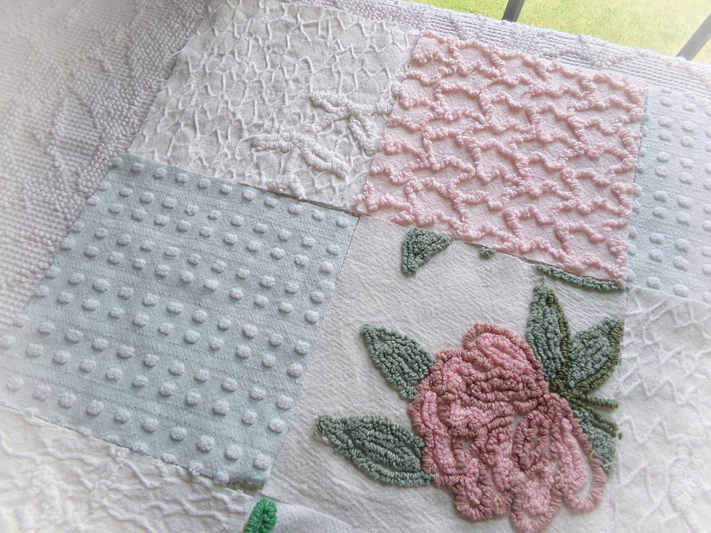 garden beauties vintage 6" chenille squares, set of 16 quilt blocks rotary cut from lovely vintage chenille & matelasse bedspread fabrics