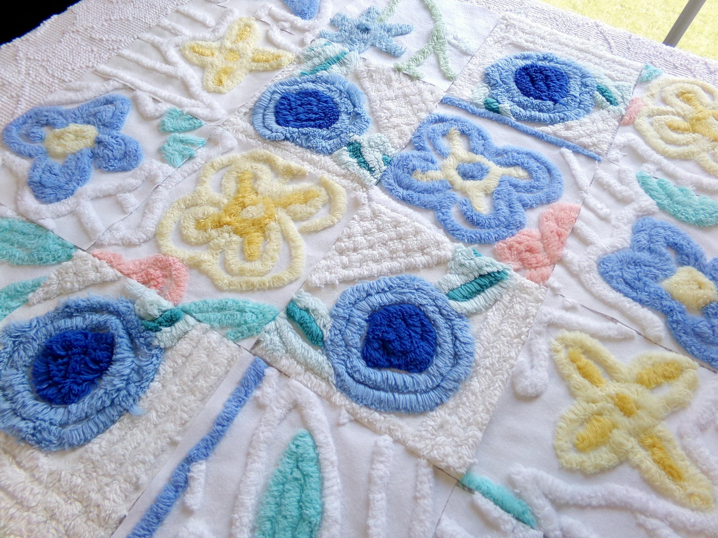 vintage 6" chenille fabric squares, set of 16 quilt blocks, blooming blue flowers