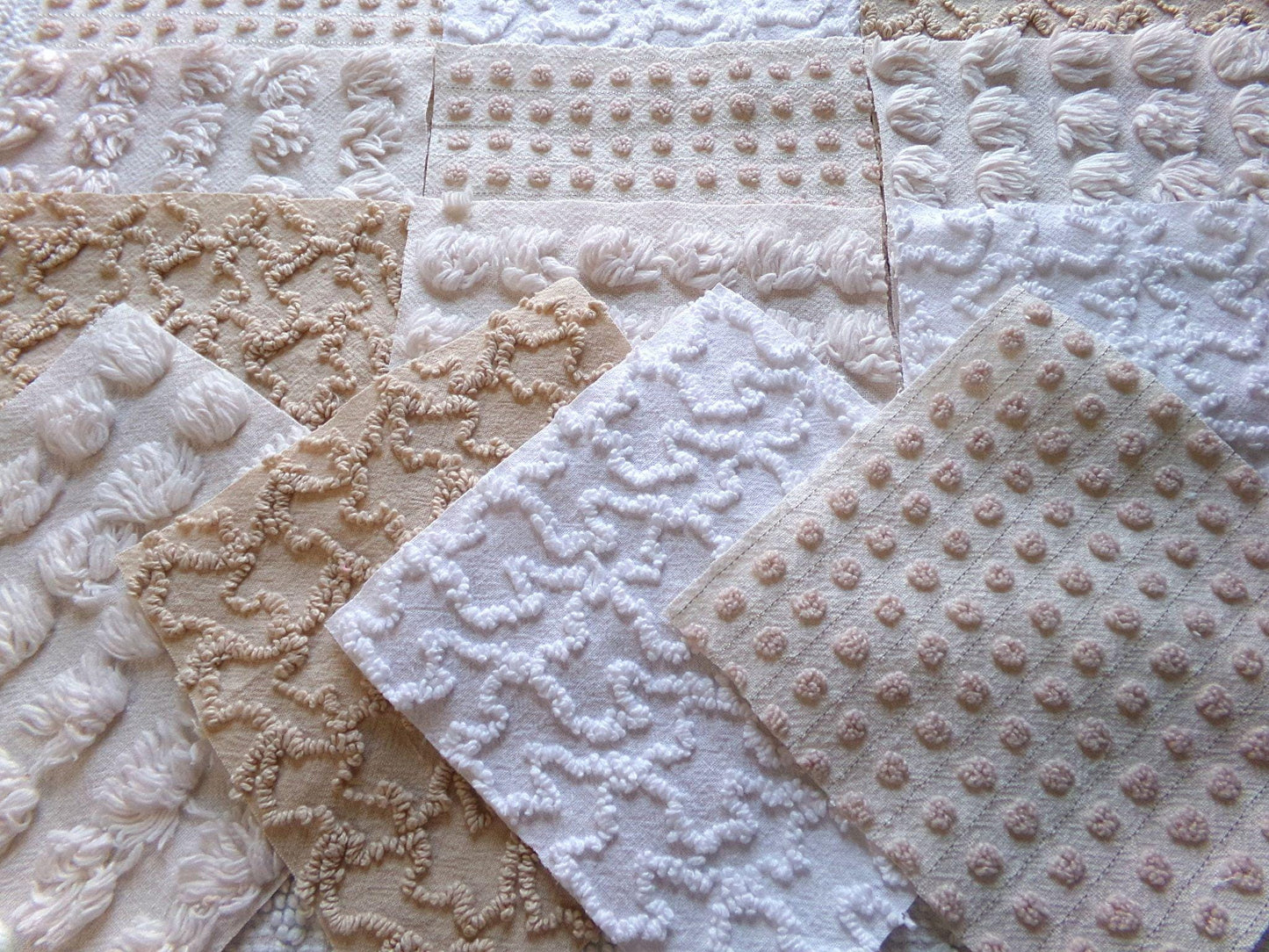 Neutral Modern Mocha & White Chenille Fabric Squares Set, 16 Vintage Quilt Blocks, 6" x 6" inches each, for Quilting, Sewing, DIY Pillows