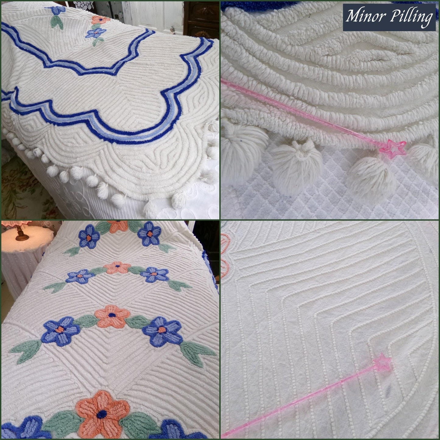 wonderfully plush white chenille bedspread in cozy arched floral design, cute pom pom trim, full size vintage cottage style bedding