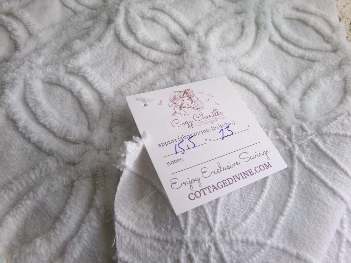 versatile white vintage chenille fabric, classic wedding ring design, 15.5" x 23" inch piece of sewing material for quilts, crafts
