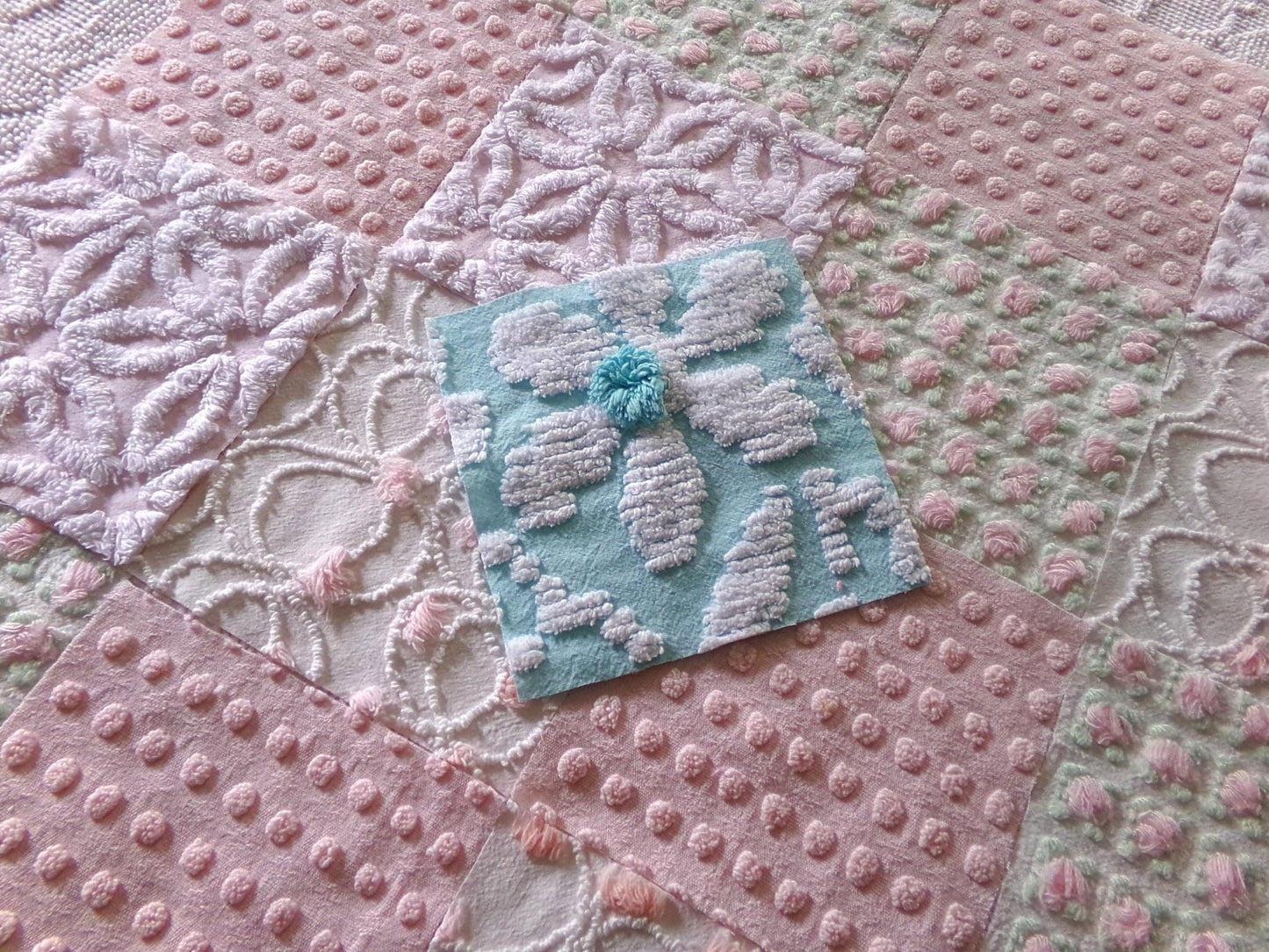 cottage garden chenille fabric squares, vintage craft square set of 17 quilt blocks, 6" x 6" inch, ideal in handmade chenille quilts, crafts