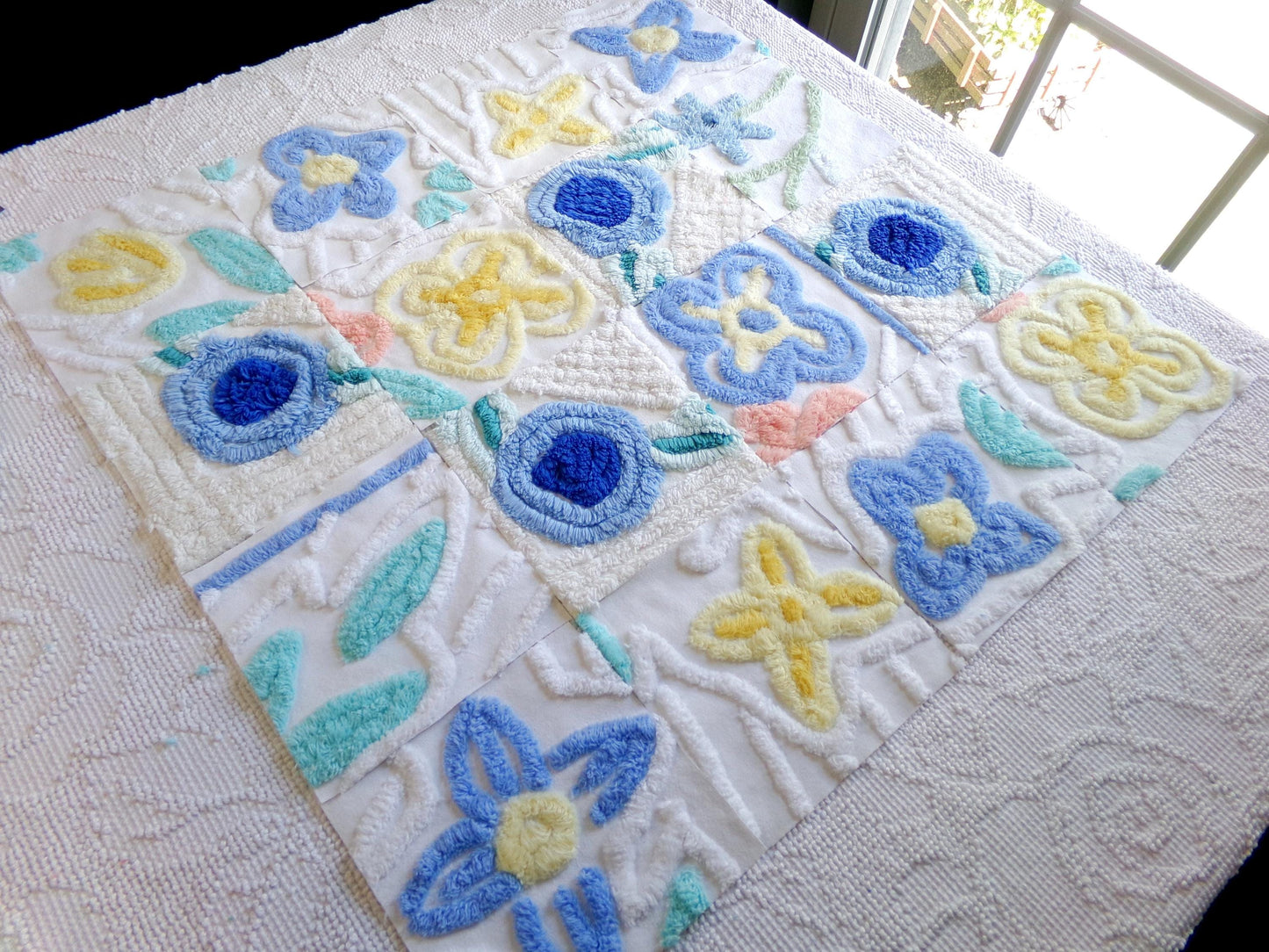 vintage 6" chenille fabric squares, set of 16 quilt blocks, blooming blue flowers