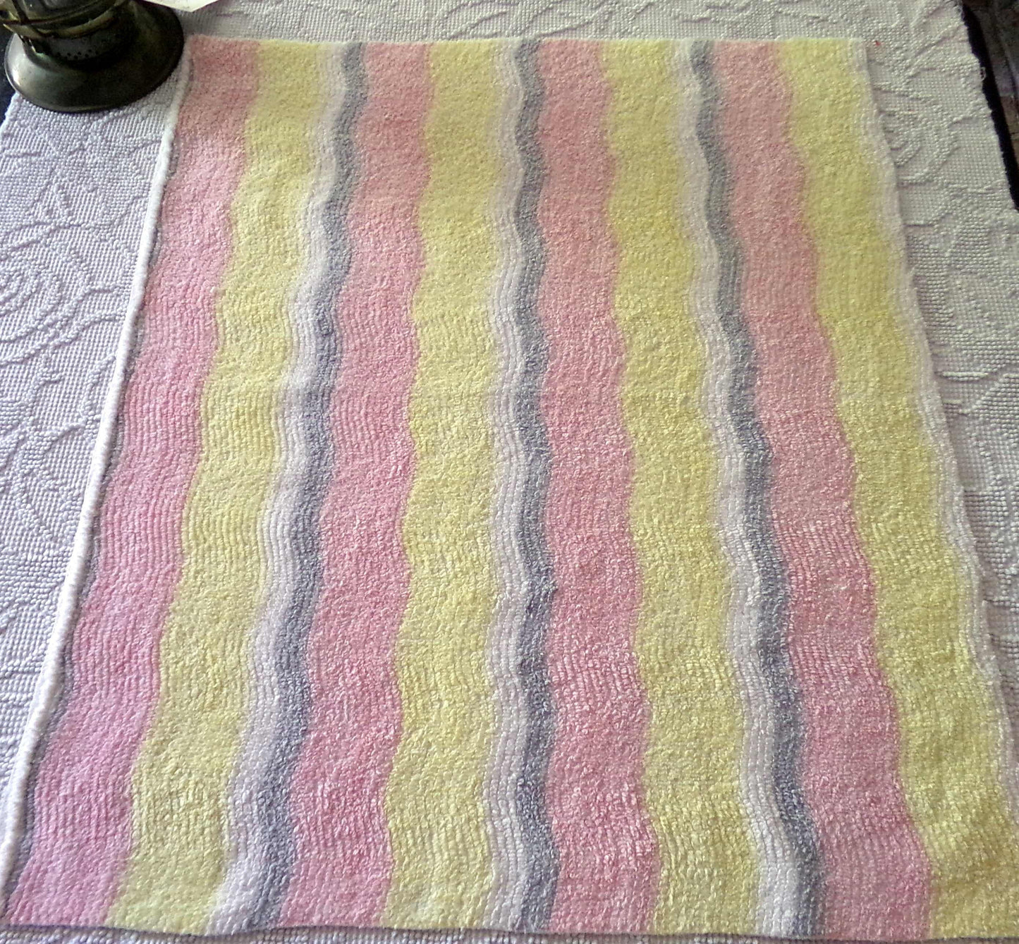soft cozy striped chenille fabric, vintage 20" x 24" piece of lightweight sewing material in pink, yellow, white & grey ripple stripes