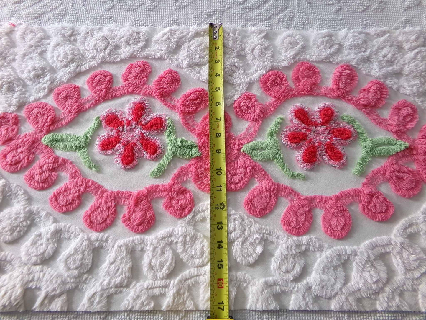 Hourglass Curlicue Vintage Chenille Fabric Piece, Sparkle Rose Flowers, 16" x 28" inches