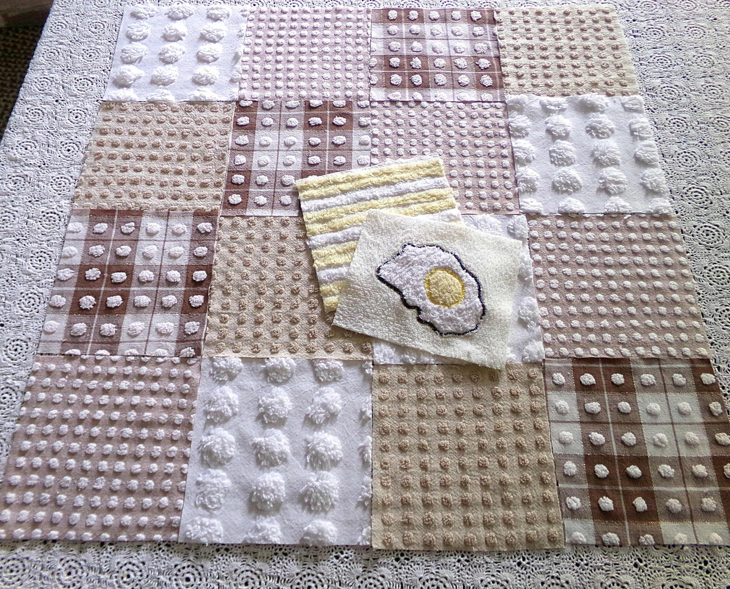 Novelty Chenille Fabric Squares Set, "Retro Diner" 16 Vintage Quilt Blocks, 6" x 6" inches each, for Quilting, Sewing, DIY Pillows