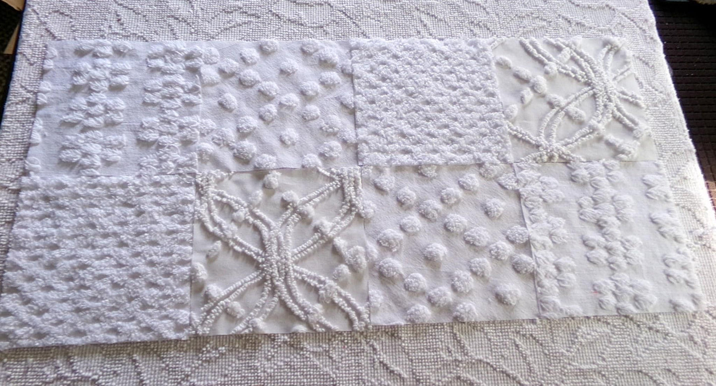 farmhouse style white chenille fabric squares, 7.5" vintage quilt blocks, set of 8 for sewing, crafts & quilting