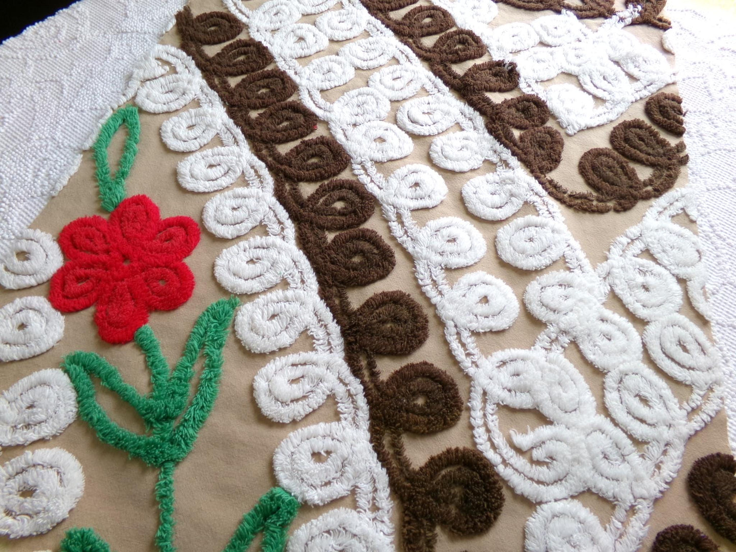 vintage chenille fabric, chocolate cake with a cherry on top, 20" x 26" piece of cotton sewing material in red flower, mocha, brown & white