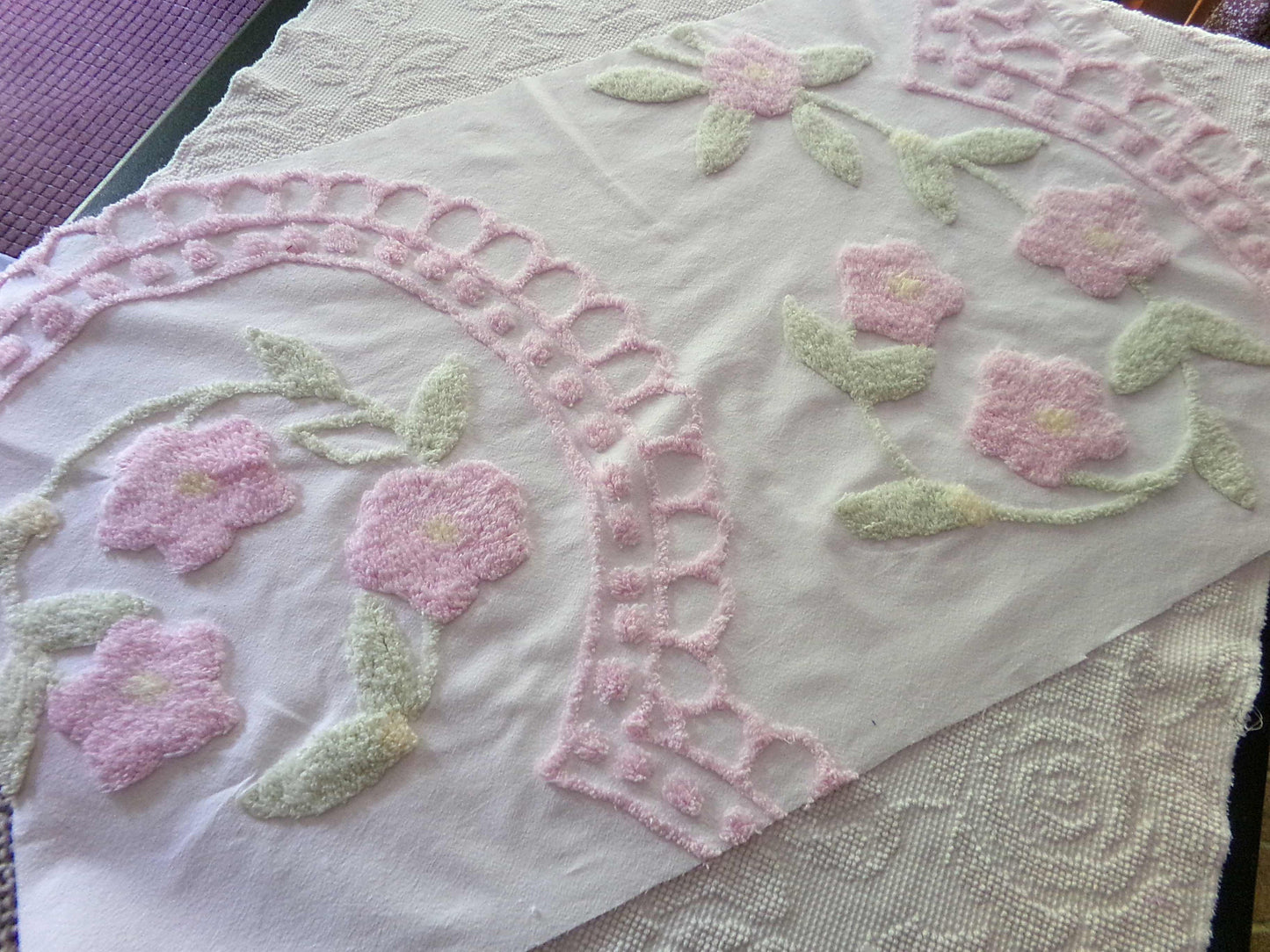 Pink Floral Blooms Vintage Style Chenille Fabric, Lovely Plush Flowers on White Cotton, 21" x 34" inch Piece