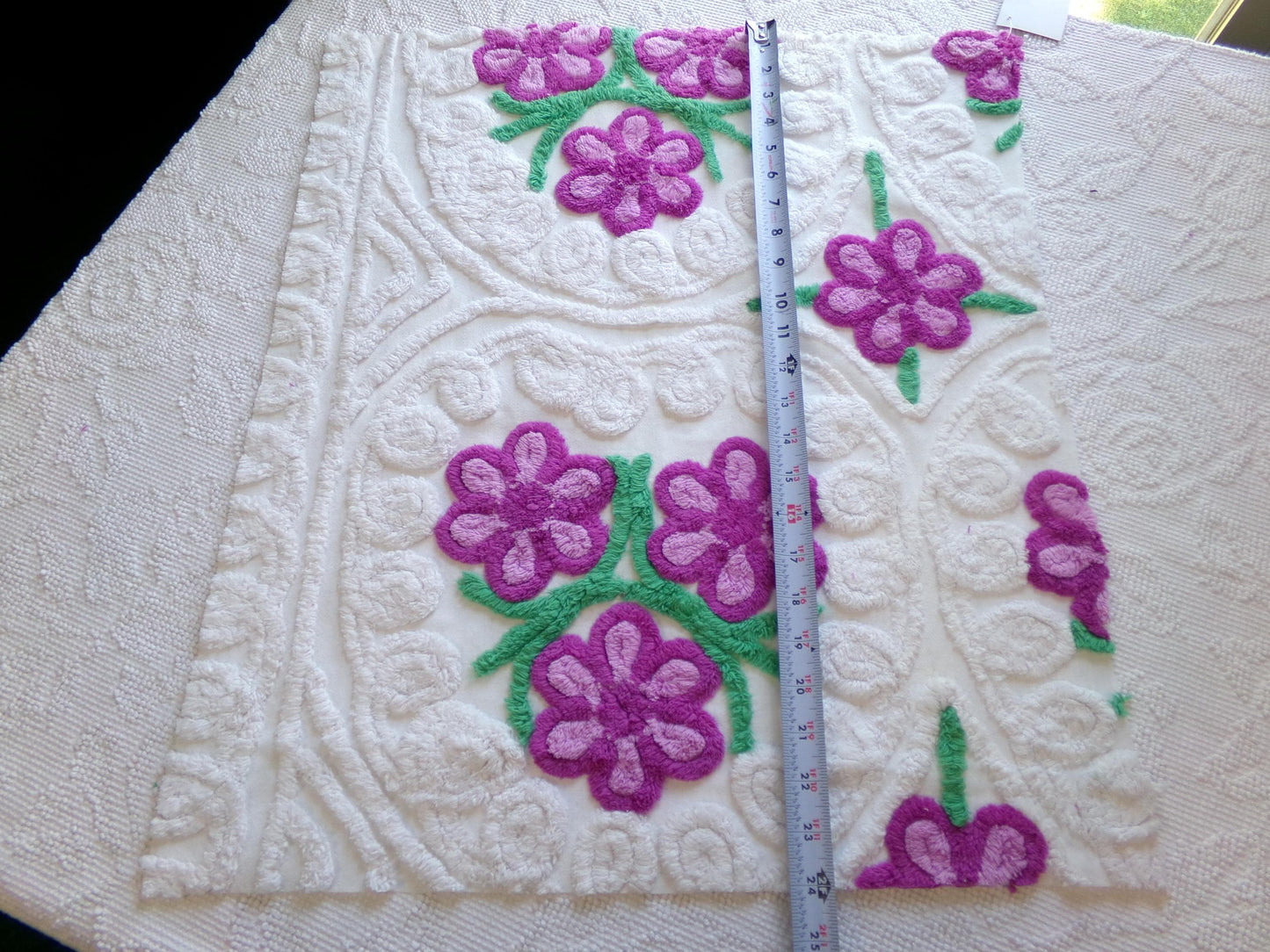 Lilac Garden Blooms Vintage Chenille Fabric, Pretty 22" x 20" Piece of Plush White Cotton Sewing Material Upcycle into Quilts & Crafts