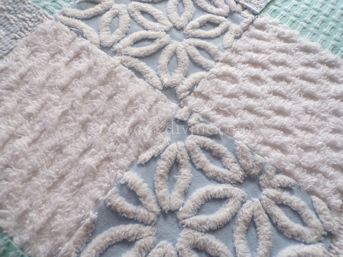 Barefoot on the Beach Chenille Quilt Squares Set from Vintage Bedspread Fabric, 16 Blocks, 6" x 6" inch, Coastal Blues & White