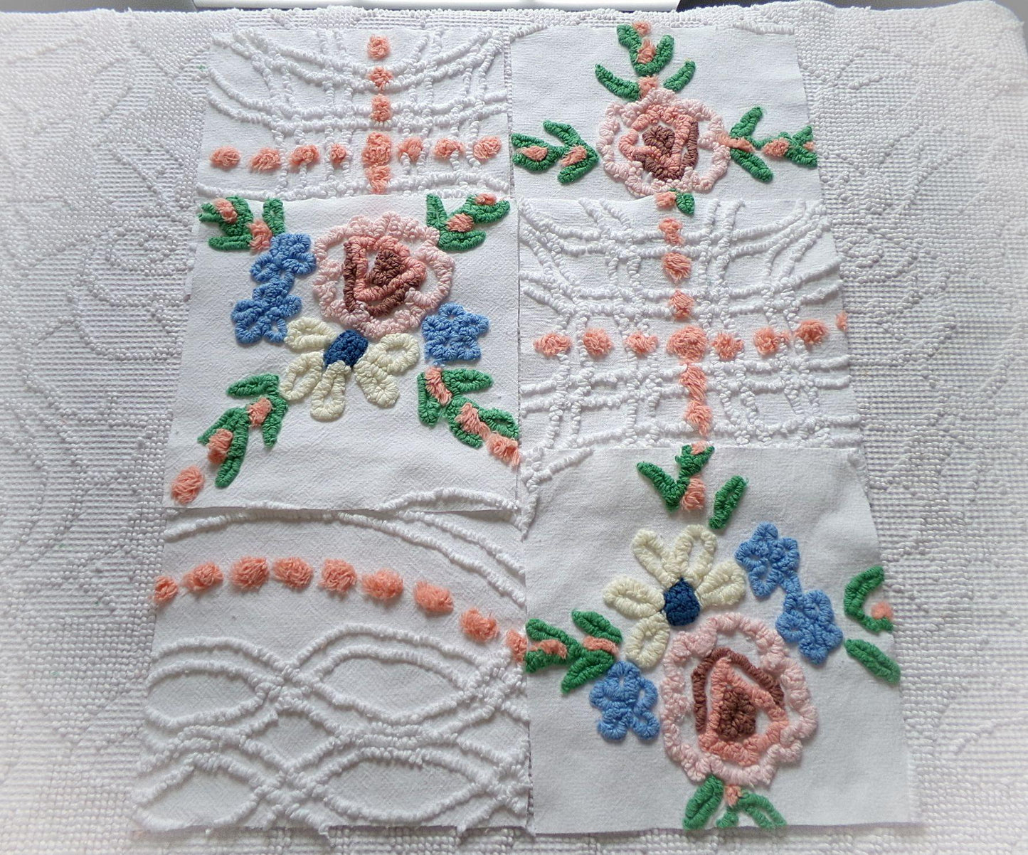 summer garden chenille fabric squares, set of 6 vintage 7.5" quilt blocks, peach, white rose floral & geometric for sewing, crafts, quilting