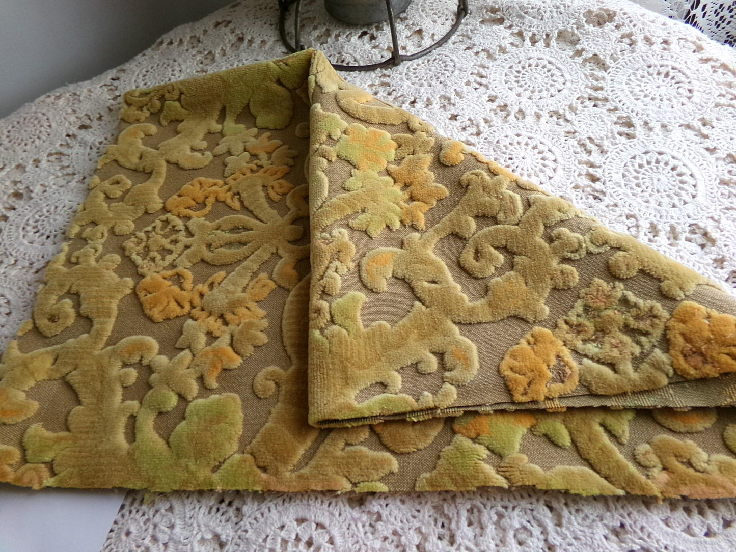 boho distressed cut velvet fabric, vintage Bates tapestry style chenille material, 20" x 14" piece, popular in handmade bags