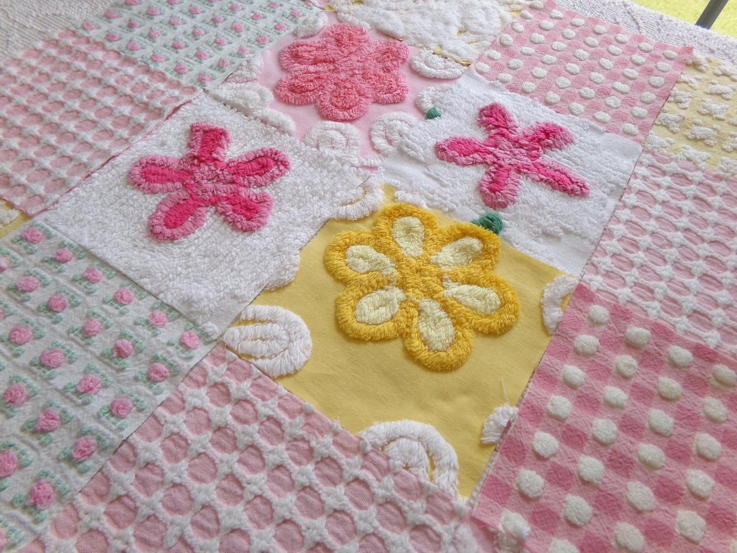 vintage chenille fabric squares, "spring sunrise" set of 16 floral 6" quilt blocks in yellow, pink & white