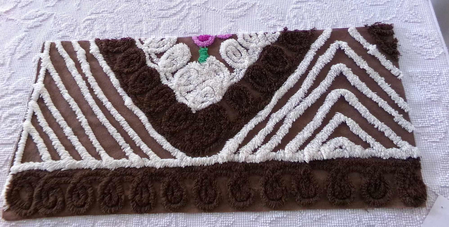 Chocolate Brown Vintage Chenille Tufted Fabric, 11" x 24" inch Piece, for Junk Journals, Fiber Arts