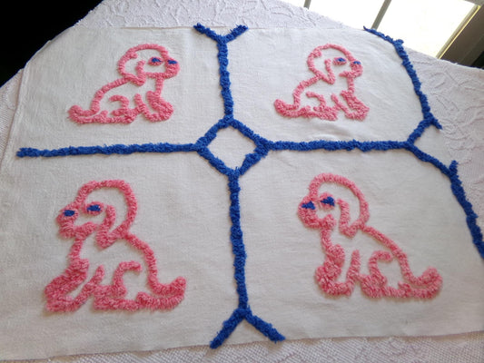 Cutest Pink Puppy Dogs Vintage Chenille Fabric, 4 Puppies on Cotton Feedsack, 22" x 28" Piece, Upcycle into Handmade Quilts, Pillows