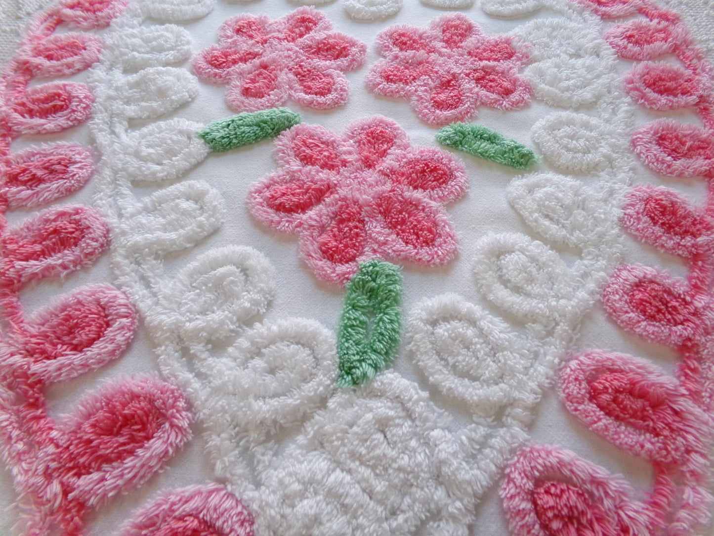 pretty pink heart vintage chenille fabric, a trio of roses with curlicue swirls, 17" x 23" inch piece of sewing material great for pillow