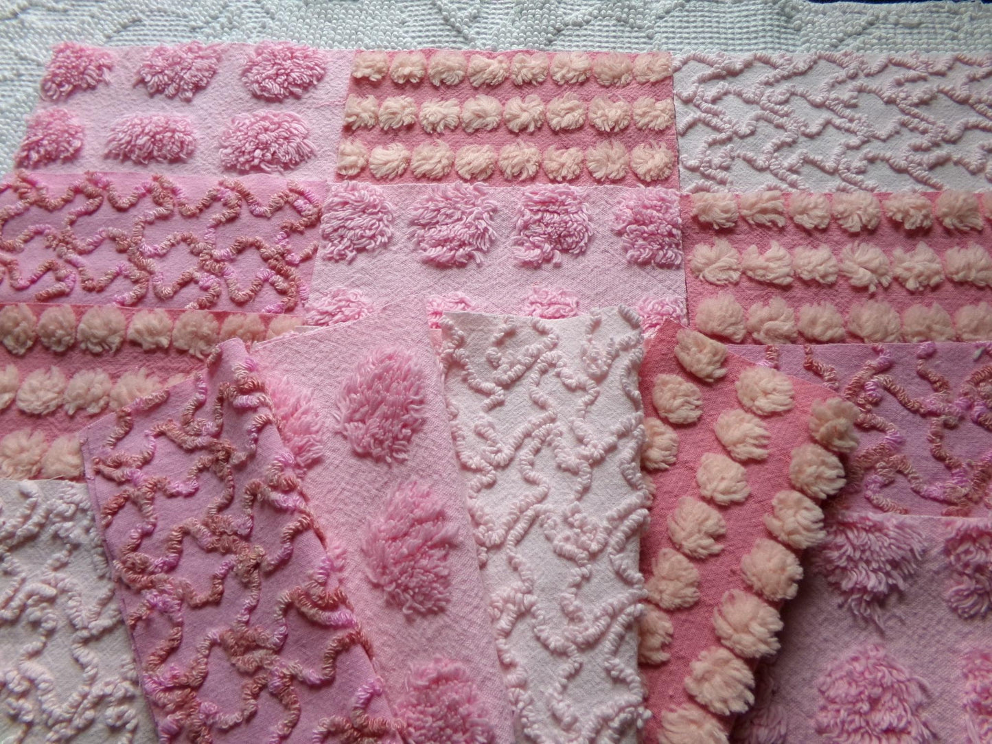 perky pinks chenille fabric squares, 16 vintage 6" quilt blocks in pops & squiggle texture, for sewing, crafts, fiber arts