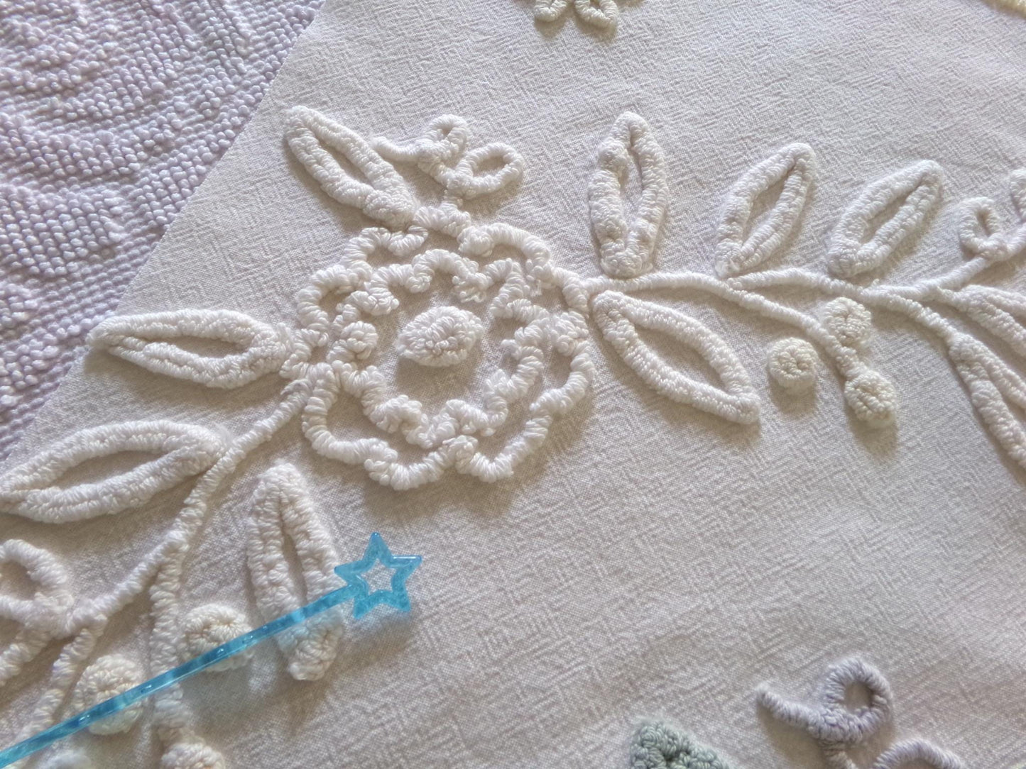 shabby chic chenille fabric, lovely needletuft rose floral design, 21" x 21" inch piece of vintage sewing material great for a pillow cover