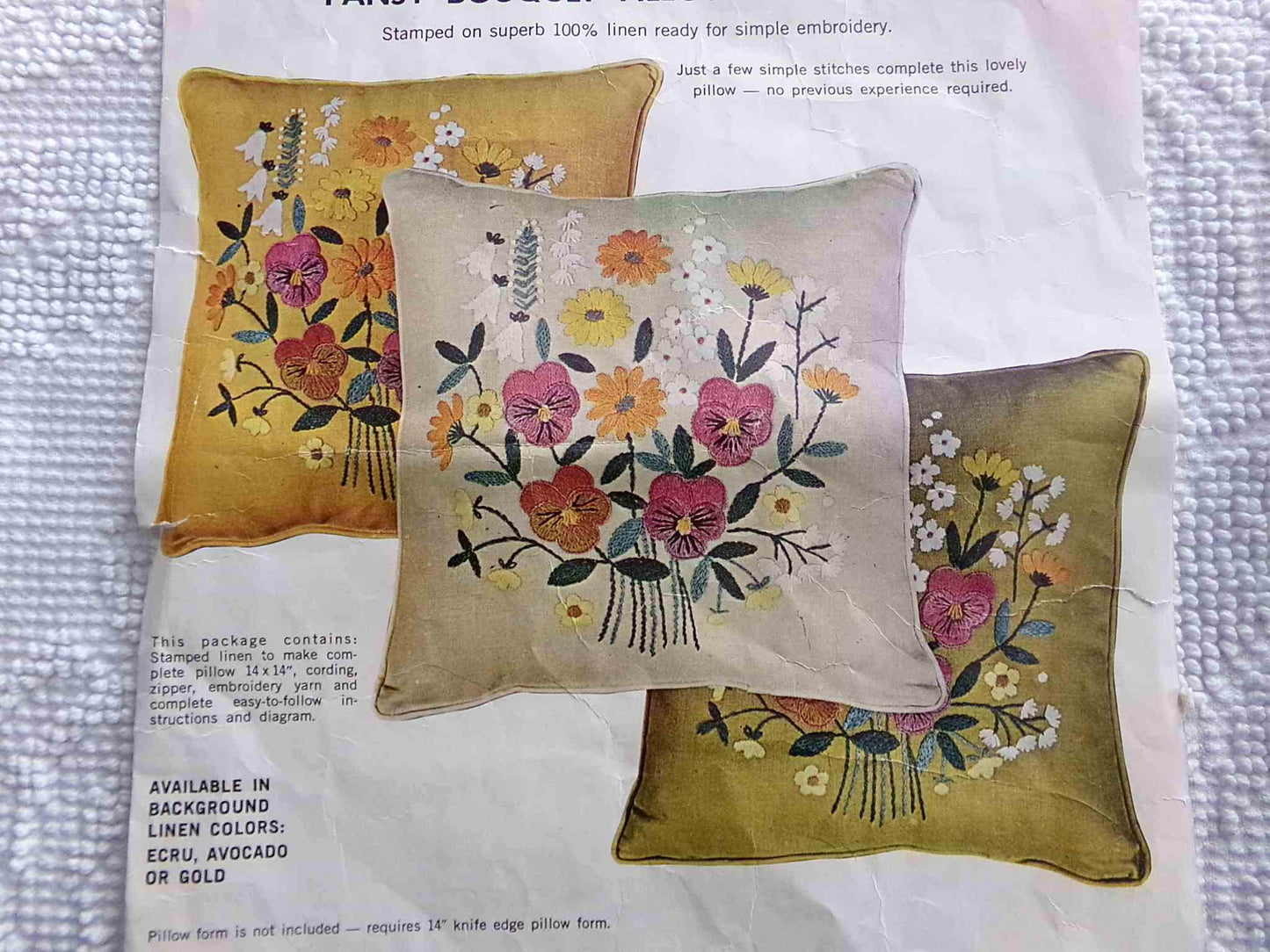PANSY BOUQUET Pillow Kit by Paragon Creative Stitchery #0776 in Harvest GOLD, Vintage Hippie 1970s Crewel Embroidery, 14" x 14" Square Size
