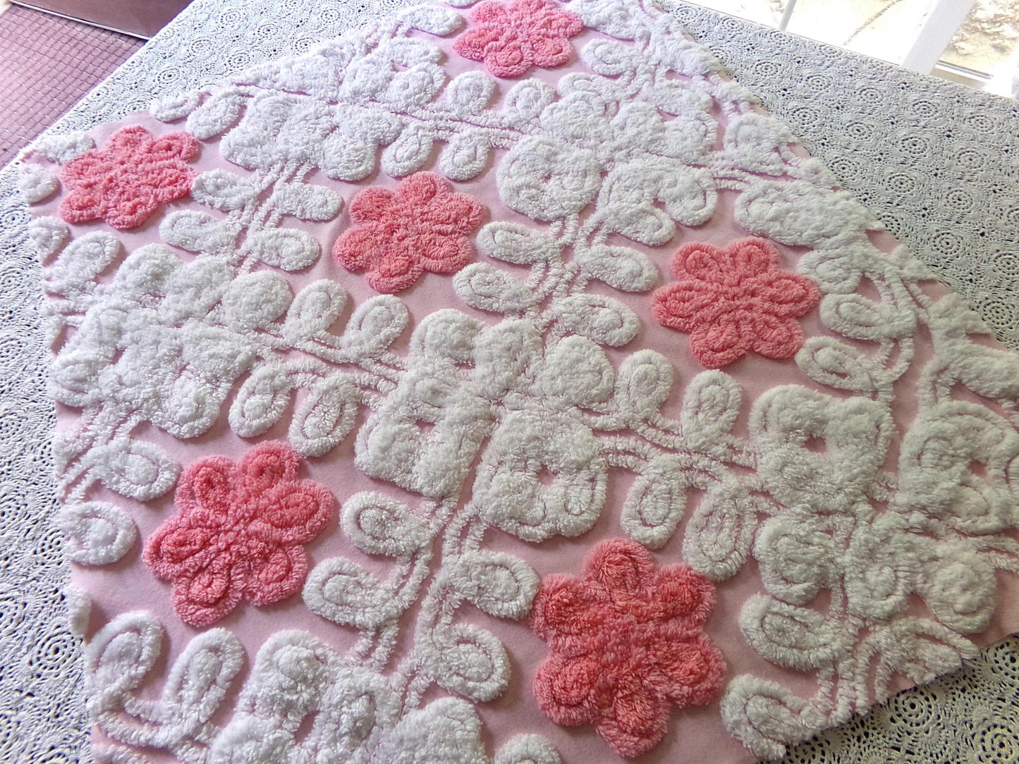 cupcake frosting pink chenille fabric, plush floral curlicue swirls, 22" x 25" inch piece of vintage material for sewing pillows & quilts