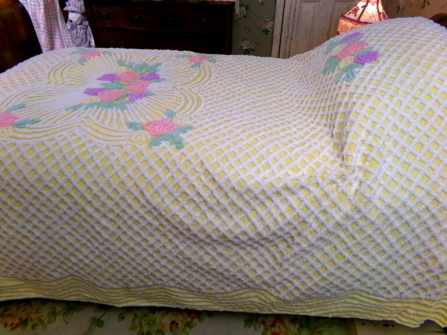 just joyful vintage chenille bedspread in cheery yellow with springtime flowers, full size bedding, 100% quality cotton
