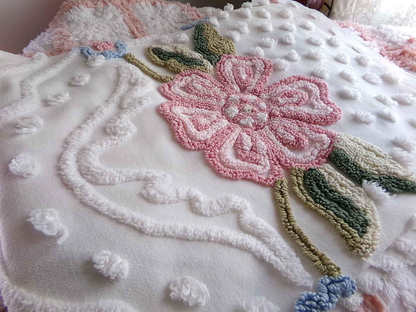 Dreamy Florals Vintage Chenille Material, 29" x 24" inch Fabric Piece, Beautifully Tufted Spring Flower Design on White Cotton