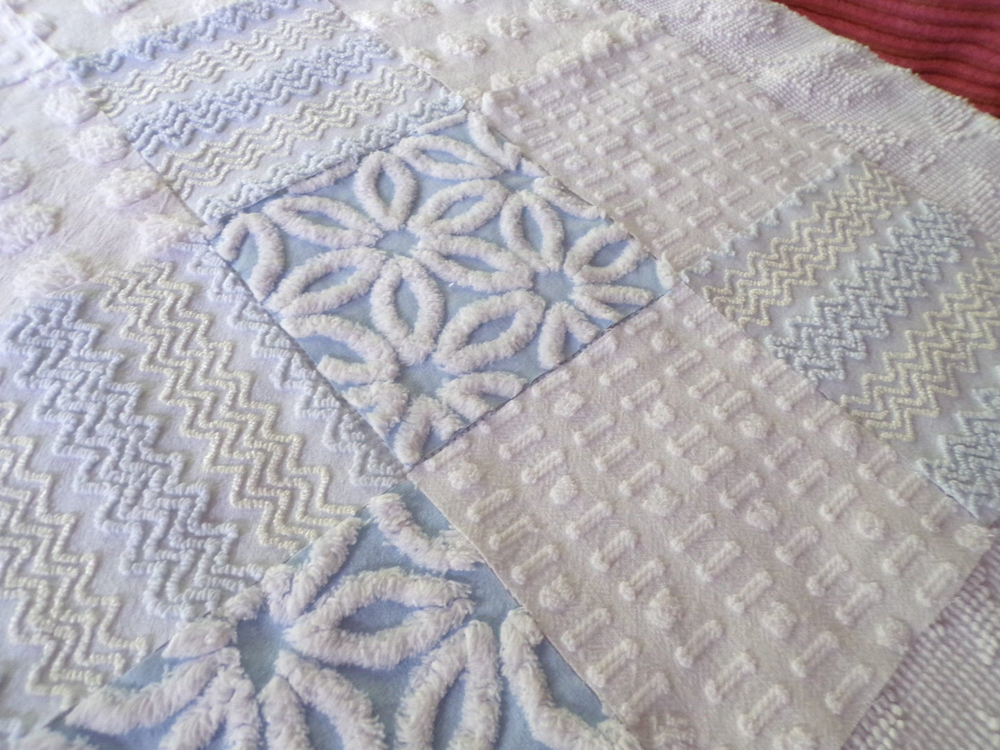 Cool Blue & White Quilt Squares Set, Rotary Cut from Vintage Chenille Bedspread Fabric, 16 Blocks, 6" x 6" inch