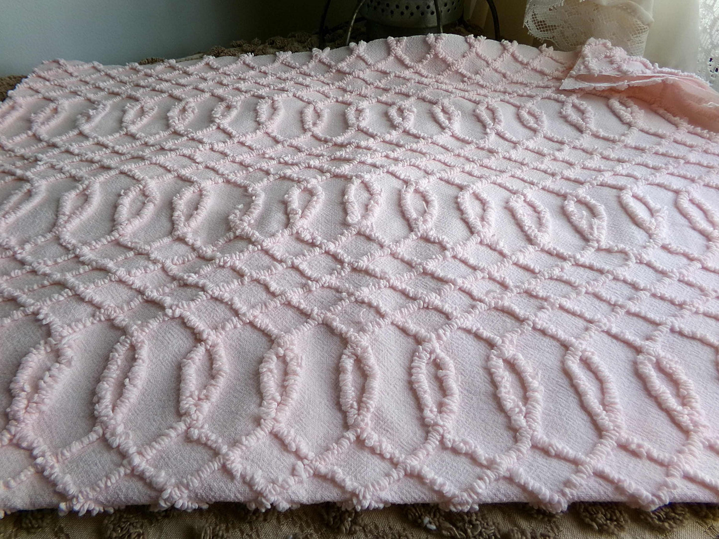 Chic Pink Eternity Links Vintage Chenille Fabric, 18" x 25" inch piece, Delicate Needletuft Design
