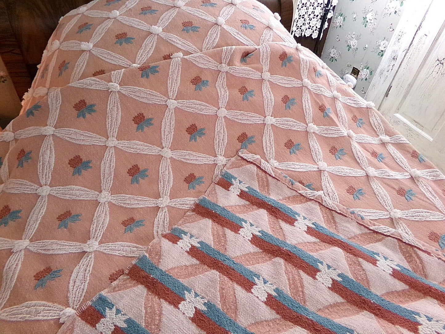 shabby chic style Vintage woven & chenille bedspread, coral rose twin coverlet