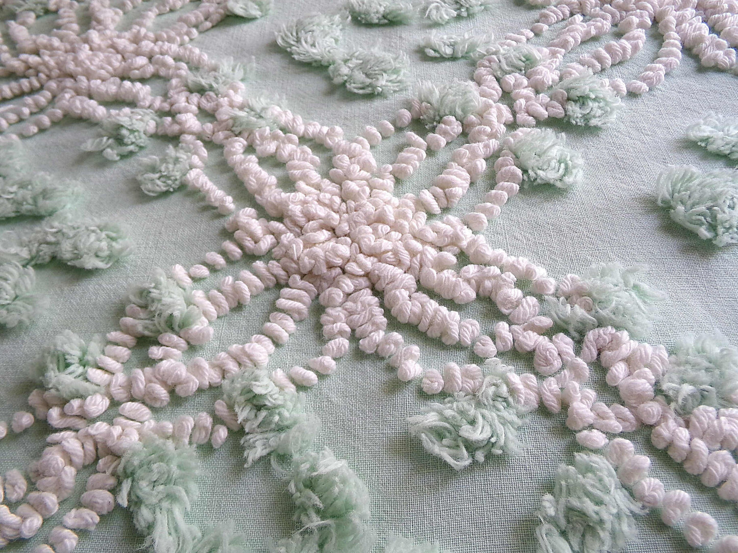 Creamy Mint Green Vintage Chenille Fabric, 20" x 13" inch Piece, White Wedding Ring & Dot Design, Great for Handmade Quilts, Crafts