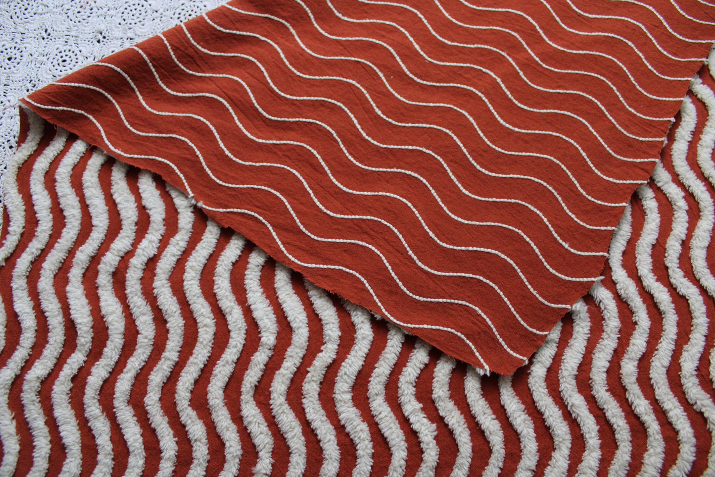 Rich Rust & White Ripple Stripes Vintage Chenille Fabric, 18" x 24" inch Piece, Great for Boho Quilts, DIY Pillows, Junk Journals