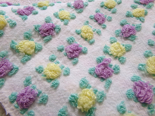 Rare Jewel Rosebud Vintage Chenille Fabric w/ Yellow & Amethyst Roses, 17" x 24" Cut Piece of Sewing, Quilt Material