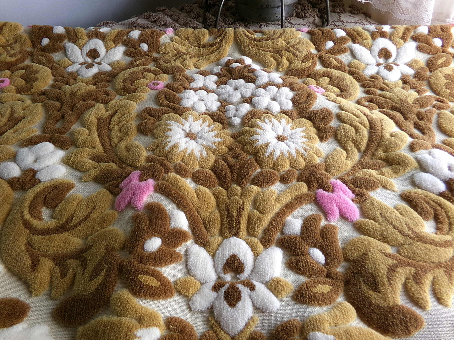 honey chocolate cut velvet fabric, vintage Bates tapestry chenille, 13" x 21" inch piece, ideal sewing material for small bags