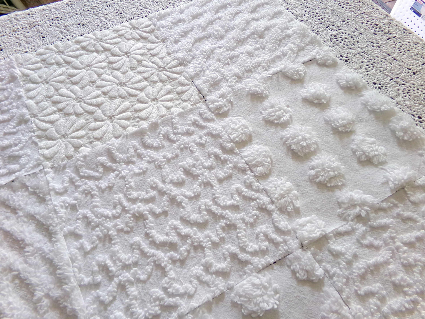 White Fabric Squares Cut from Vintage Woven & Chenille Bedspreads, *Daisies in Snow* Shades of White, 16 Quilt Blocks, 6" x 6" inch each