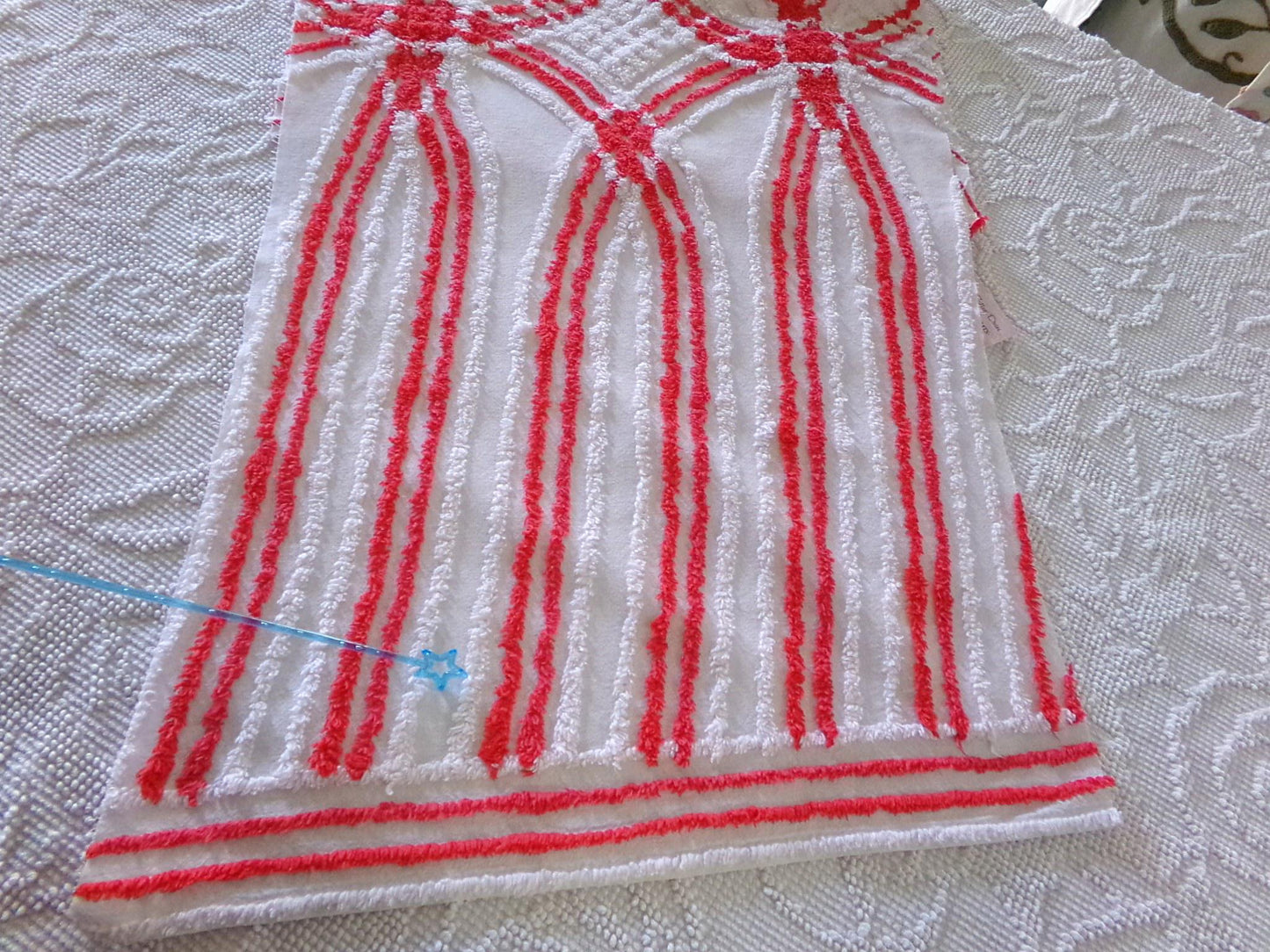 red & white vintage chenille fabric in wedding ring cathedral stripe design, 19" x 29" inch irregular piece of sewing material