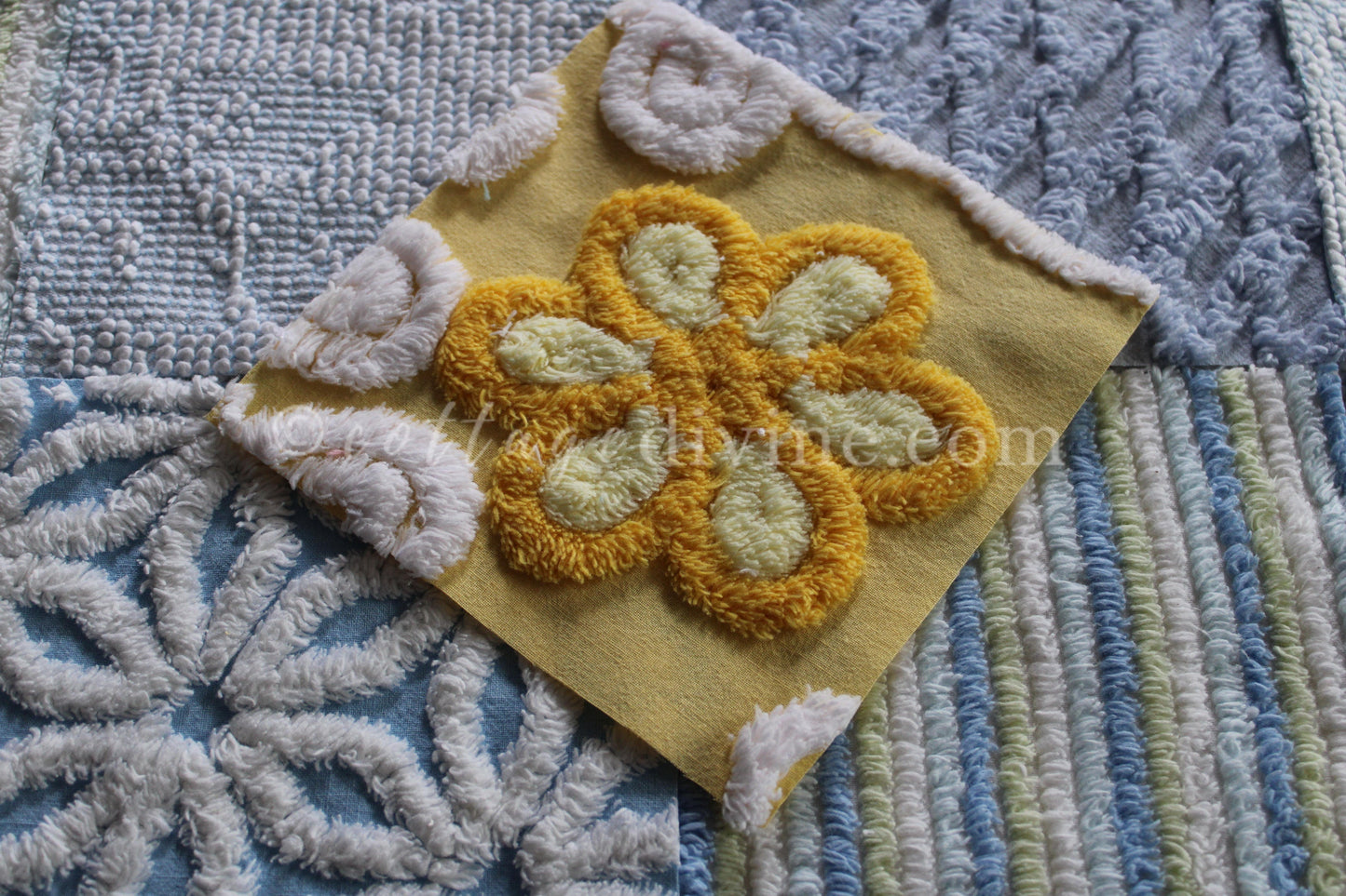 Coastal Morning Chenille Quilt Squares Set, from Vintage Bedspread Fabric, 16 Blocks, 6" inch & Extra Sunshine Flower Square